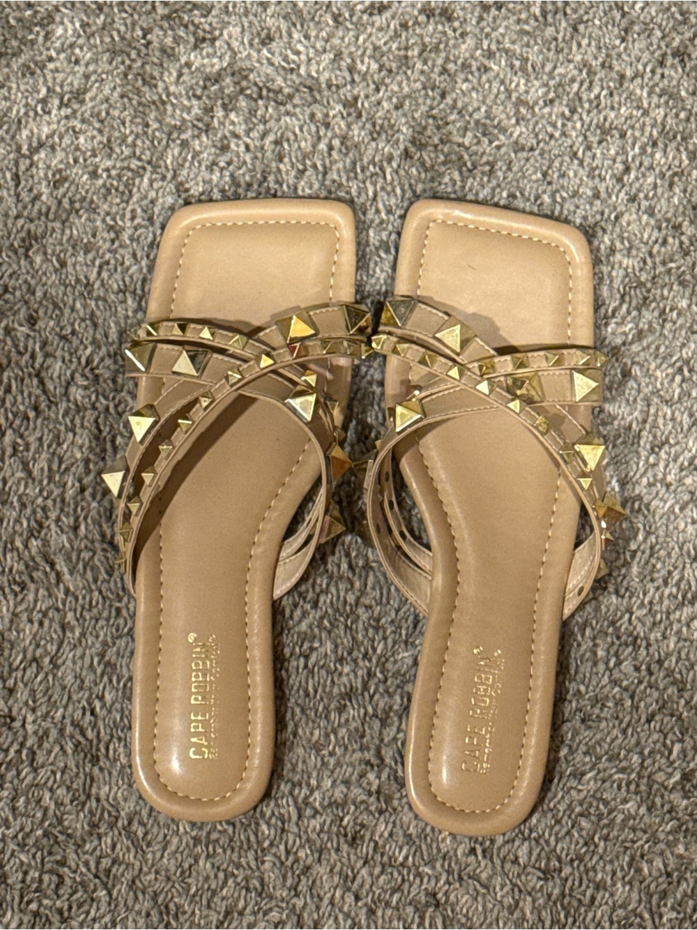 Cape Robbin Tan Slide Sandals with Gold Pyramid Studs